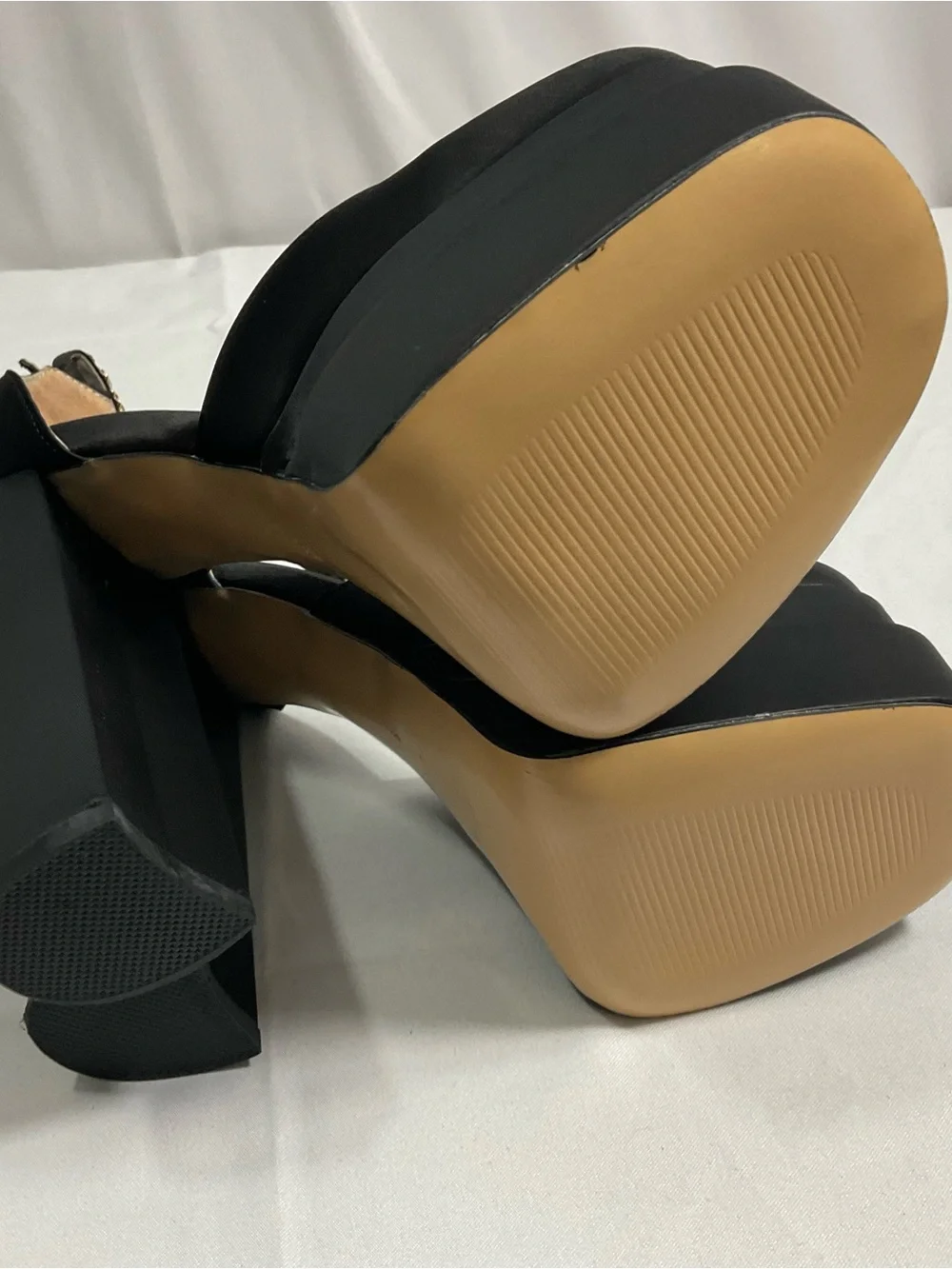Black Platform Block Heel Sandals with Chain Ankle Strap